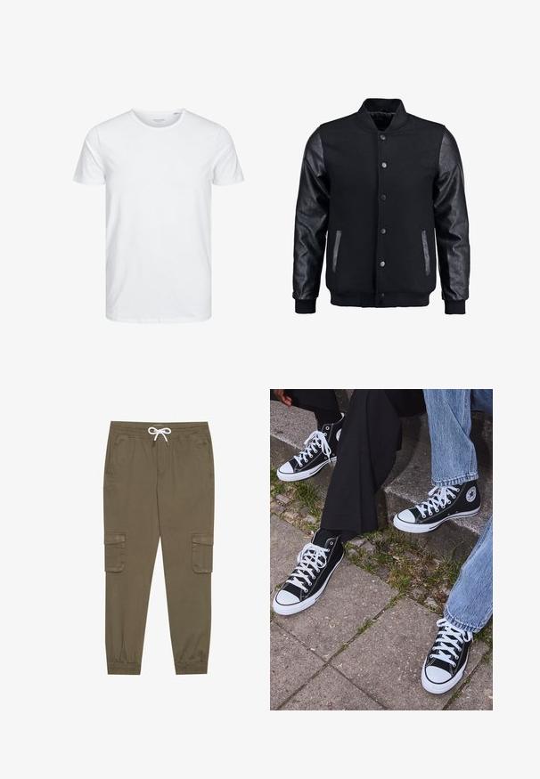 Zwarte bomberjack met een wollen lichaam en leren mouwen. Voorzien van een staande kraag, drukknopen aan de voorkant en zijkanten. Effen kleur zonder patronen.; Ronde hals kortemouwen t-shirt in effen wit, gemaakt van zachte katoen, heeft een eenvoudig ontwerp zonder zichtbare patronen of accenten.; Khaki cargobroek met een elastische tailleband en trekkoord, voorzien van zijzakken en afgeknipte enkels. Gemaakt van een gestructureerd, lichtgewicht materiaal.; Zwarte canvas sneakers met hoge schacht, witte rubberen zolen en veters, met een cirkelvormig logo aan de zijkant, gecombineerd met denim en zwarte broeken.