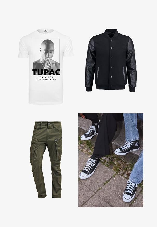 Juodas bomberio tipo švarkas su vilnoniu korpusu ir odinėmis rankovėmis. Savybės: stovintis apykaklė, priekiniai spaudiniai mygtukai ir šoniniai kišenės. Vienodos spalvos, be raštų.; Balta medvilninė marškinėliai su juodai baltu atvaizdu, vaizduojančiu vyrą, sukertantį rankas maldoje, su tekstu "TUPAC" ir "TIK DIEVAS GALI MANĘS TEISTI."; Olive spalvos cargo kelnės, pagamintos iš tvirto medvilnės. Yra keletas kišenių, šonu užtraukiama kišenė ir siaurėjančios kojos su šiek tiek tekstūruotu paviršiumi.; Juoda aukšta avalynė iš kanvos su baltais guminiais padais ir raišteliais, su apvaliu logotipu šone, derinama su džinsais ir juodomis kelnėmis.