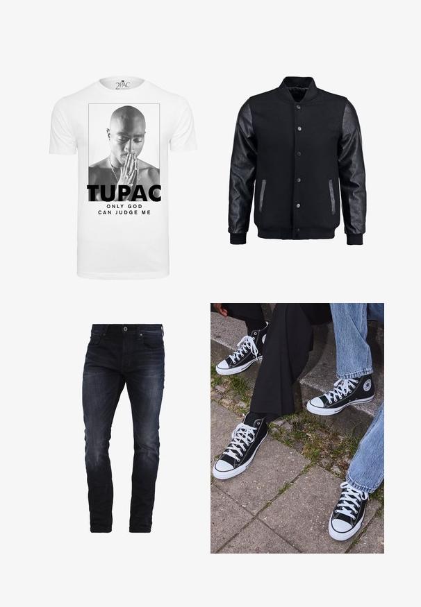 Musta pommittaja takki, jossa villakangasrunko ja nahkahihat. Varustettu pystykovalla, etupainonapeilla ja sivutaskuilla. Yksivärinen, ilman kuvioita.; Valkoinen puuvillapaita, jossa on mustavalkoinen grafiikka miehestä, joka pitää käsiään yhdessä rukouksessa, ja tekstit "TUPAC" sekä "VAIN JUMALA VOI TUOMITA MINUA."; Tummansiniset slim fit -farkut, joissa on vähäistä kulutusta reiden ja polvien kohdalla. Farkuissa on etupussit, vyölenkit ja nappisuljenta.; Mustat korkeat kangaslenkkarit, joissa on valkoiset kumipohjat ja nauhat, sivussa on pyöreä logo, ja ne on yhdistetty farkkuihin ja mustiin housuihin.