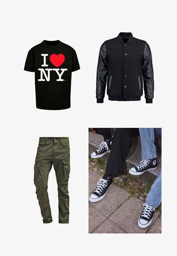 Mustmust on musta jope, millel on villane keha ja nahkvarrukad. Omab seisvat kraed, esisiidme nööpe ja küljetaskuid. Ühtlane värv, ilma mustriteta.; Musthave musta T-särk, millel on julge valge tekst "I ♥ NY" koos punaste südame graafikaga; lühikesed varrukad ja ümmargune kaelus.; Olive rohelised cargo püksid, mis on valmistatud vastupidavast puuvillast. Omavad mitmeid taskuid, ühe lukuga küljetasku ja kergelt tekstureeritud kitsenevaid jalgu.; Mustad musta värvi kõrged kanvasist tossud valgete kummitaldade ja nööridega, külgedel ringikujuline logo ning kombineeritud denimist ja mustade pükstega.