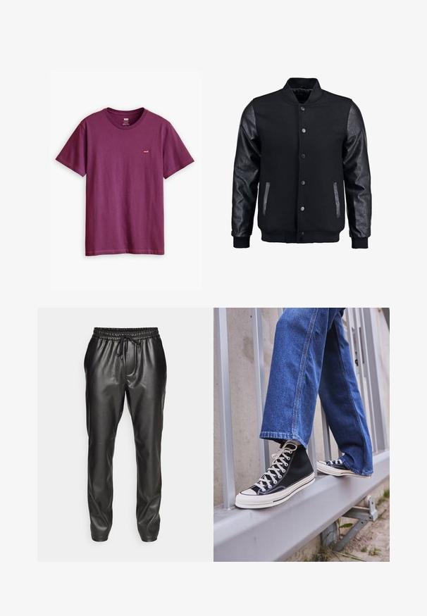 Črna bomberska jakna z volnenim telesom in usnjenimi rokavi. Ima stoječ ovratnik, sprednje snemljive gumbe in stranske žepke. Enobarvna, brez vzorcev.; Vijolična bombažna majica s kratkimi rokavi, okroglim izrezom in majhnim rdečim logotipom na levem prsnem delu. Preprost dizajn, gladka tekstura.; Črne usnjene športne hlače z elastičnim pasom in nastavljivo vrvico. Gladka tekstura, ožji kroj in manšete na gležnjih.; Črne visoke teniske z belim podplatom in vezalkami, v kombinaciji z ohlapnimi modrimi džinsom, naslonjene na sivo ograjo.
