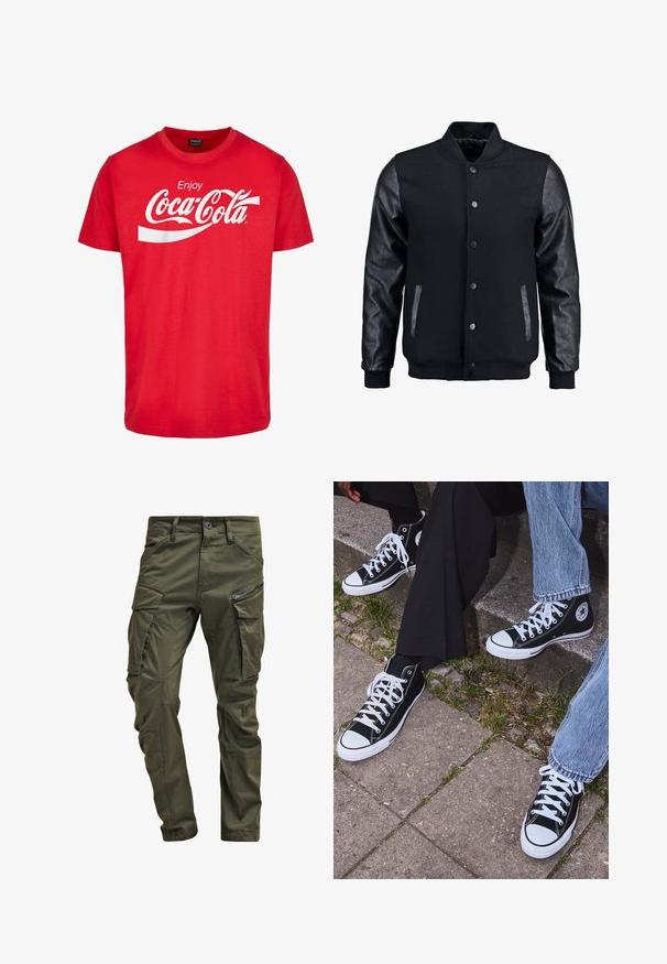 Mustmust on musta jope, millel on villane keha ja nahkvarrukad. Omab seisvat kraed, esisiidme nööpe ja küljetaskuid. Ühtlane värv, ilma mustriteta.; Punane puuvillane T-särk lühikeste varrukatega, millel on valge "Coca-Cola" logo ja laineline disain rinna kohal. Klassikaline ümmargune kaelus.; Olive rohelised cargo püksid, mis on valmistatud vastupidavast puuvillast. Omavad mitmeid taskuid, ühe lukuga küljetasku ja kergelt tekstureeritud kitsenevaid jalgu.; Mustad musta värvi kõrged kanvasist tossud valgete kummitaldade ja nööridega, külgedel ringikujuline logo ning kombineeritud denimist ja mustade pükstega.