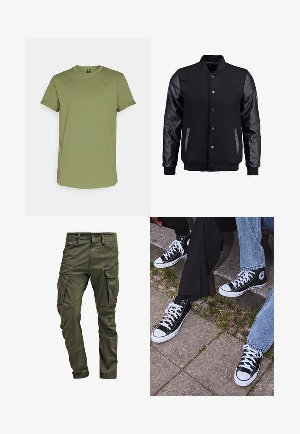 Chaqueta bomber negra con cuerpo de lana y mangas de cuero. Cuenta con un cuello alzado, botones de presión en el frente y bolsillos laterales. Color sólido sin patrones.; Camiseta de manga corta color verde oliva hecha de una tela suave. Presenta un cuello redondo y un pequeño logo de la marca en la parte superior izquierda.; Pantalones cargo verde oliva hechos de algodón resistente. Cuenta con múltiples bolsillos, un bolsillo lateral con cremallera y piernas ajustadas con un acabado ligeramente texturizado.; Zapatillas de lona negras de caña alta con suelas y cordones de goma blanca, con un logo circular en el lado, combinadas con unos pantalones de mezclilla y negros.