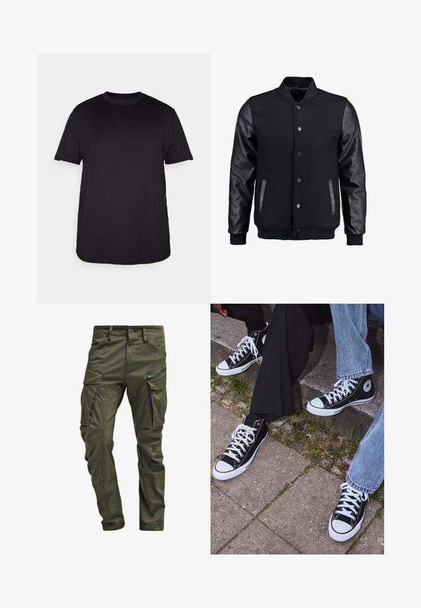 Melns bomber jakas ar vilnas korpusu un ādas piedurknēm. Iespējas ar stāvošu apkakli, priekšējiem pogām un sānu kabatām. Vienkrāsains, bez rakstiem.; Melna īsām piedurknēm T-krekls, izgatavots no mīksta kokvilnas, ar apaļu kakla izgriezumu un brīvu piegriezumu, bez redzamām rakstu vai akcentu detaļām.; Olīvu zaļi kravas bikses, izgatavotas no izturīgas kokvilnas. Iespēj multiple kabatas, ar rāvējslēdzēju sānu kabatu un sašaurinātiem kāju galiem ar nedaudz teksturētu apdari.; Melni augstie kanvas sporta apavi ar baltām gumijas zolemi un šņorēm, ar apļa logotipu sānos, kombinēti ar džinsu un melnām biksēm.