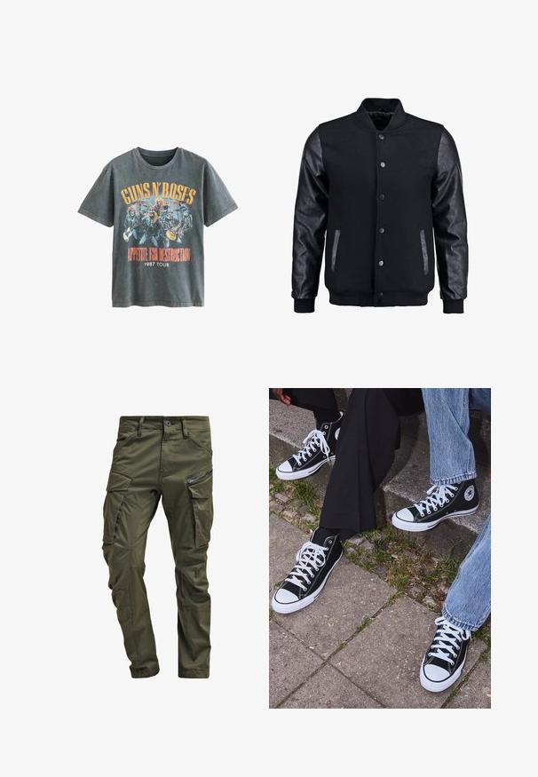 Zwarte bomberjack met een wollen lichaam en leren mouwen. Voorzien van een staande kraag, drukknopen aan de voorkant en zijkanten. Effen kleur zonder patronen.; Next LICENSE REGULAR - T-shirt print - charcoal grey guns n roses; Olijfgroene cargobroek gemaakt van stevig katoen. Beschikt over meerdere zakken, een met rits afgesloten zijzak en taps toelopende pijpen met een licht getextureerde afwerking.; Zwarte canvas sneakers met hoge schacht, witte rubberen zolen en veters, met een cirkelvormig logo aan de zijkant, gecombineerd met denim en zwarte broeken.