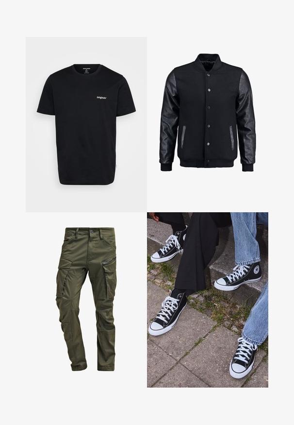 Zwarte bomberjack met een wollen lichaam en leren mouwen. Voorzien van een staande kraag, drukknopen aan de voorkant en zijkanten. Effen kleur zonder patronen.; Zwarte katoenen t-shirt met korte mouwen, ronde hals en wit "Originals" logo op de borst. Soepele textuur, normale pasvorm.; Olijfgroene cargobroek gemaakt van stevig katoen. Beschikt over meerdere zakken, een met rits afgesloten zijzak en taps toelopende pijpen met een licht getextureerde afwerking.; Zwarte canvas sneakers met hoge schacht, witte rubberen zolen en veters, met een cirkelvormig logo aan de zijkant, gecombineerd met denim en zwarte broeken.