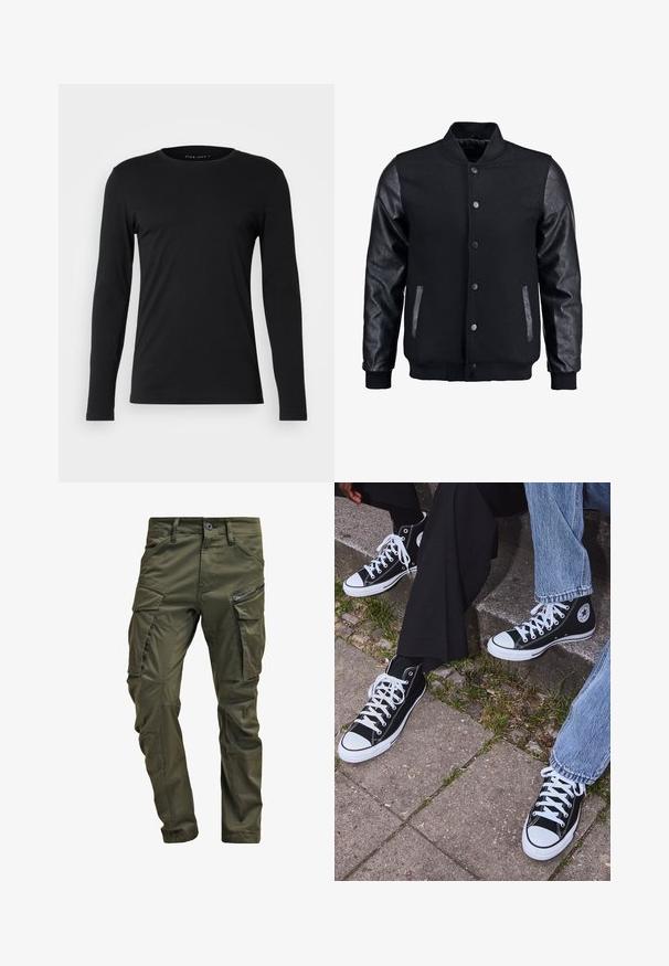Fekete bomber dzseki gyapjú testtel és bőr ujjal. Jellemzője a felálló gallér, elöl gombos záródás, valamint oldalsó zsebek. Egyszínű, mintázat nélkül.; Fekete, hosszú ujjú póló, puha anyagból készült. Kerek nyakkivágással és testhezálló szabással rendelkezik, látható grafika vagy díszítés nélkül.; Olíva zöld cargo nadrág, erős pamutból készült. Több zsebbel, egy cipzáras oldalzsebbel és enyhén texturált felülettel ellátott, a szárai felé szűkülnek.; Fekete magas szárú vászon sportcipők fehér gumi talppal és fűzőkkel, az oldalukon kör alakú logóval, farmernadrággal és fekete nadrággal párosítva.