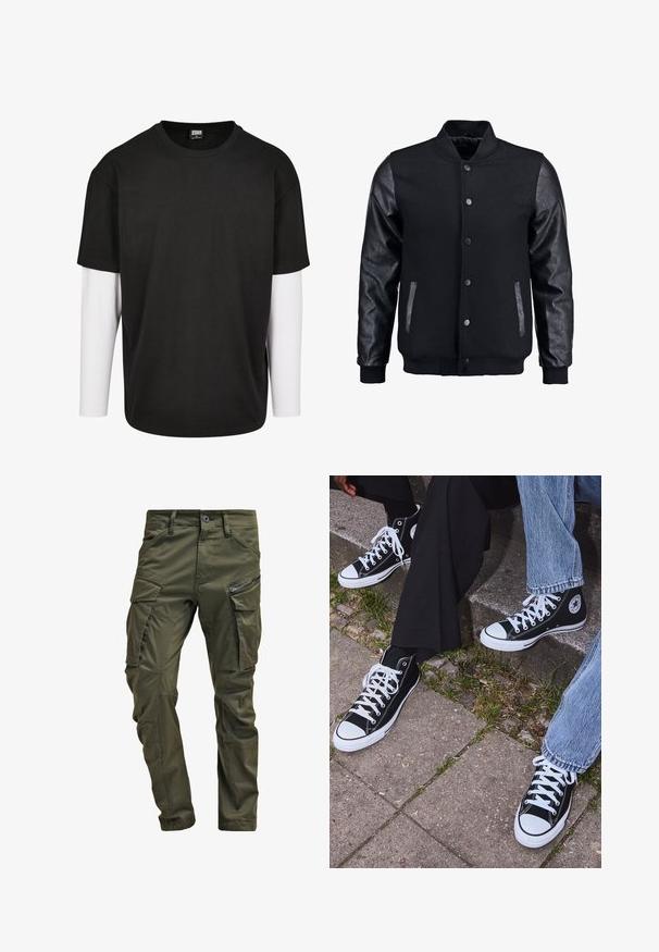 Black bomber jacket with wool body and leather sleeves. Features a standing collar, front snap buttons, and side pockets. Solid color with no patterns.; Black short-sleeve t-shirt with a white long-sleeve layer underneath. Made of cotton with a crew neckline and relaxed fit.; Olive green cargo pants made from sturdy cotton. Features multiple pockets, a zippered side pocket, and tapered legs with a slightly textured finish.; Black high-top canvas sneakers with white rubber soles and laces, featuring a circular logo on the side and paired with denim and black pants.