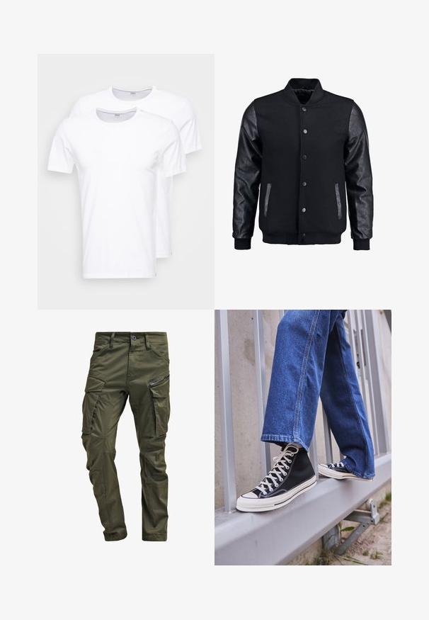 Musta pommittaja takki, jossa villakangasrunko ja nahkahihat. Varustettu pystykovalla, etupainonapeilla ja sivutaskuilla. Yksivärinen, ilman kuvioita.; Valkoiset puuvillapaidat kaksin kappalein. Pyöreä pääntie, lyhyet hihat ja sileä pinta. Ei kuvioita tai grafiikoita.; Vihreät kangashousut, jotka on valmistettu kestävästä puuvillasta. Ominaisuuksiin kuuluvat useat taskut, vetoketjulla varustettu sivutasku sekä kapenevat lahkeet, joissa on hieman teksturoitu pinta.; Mustat high-top tennarit valkoisella pohjalla ja nauhoilla, yhdistettynä väljään sinisiin farkkuihin, lepäävät harmaalla kaiteella.