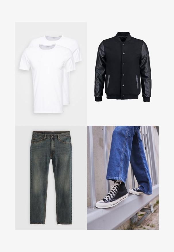 Čierna bomber bunda s vlneným telom a koženými rukávmi. Má stojačikový golier, predné patentky a bočné vrecká. Jednofarebná bez vzorov.; Biele bavlnené tričká v balení po dvoch. Okrúhly výstrih, krátke rukávy a hladká textúra. Žiadne vzory ani grafiky.; Modré denimové nohavice s rovnými nohavicami, ktoré majú klasický päť vreckový dizajn, ozdobné švy a mierne vybledlý vzhľad.; Čierne vysoké tenisky s bielou podrážkou a šnúrkami, kombinované so voľnými modrými riflami, položené na sivej zábradlí.