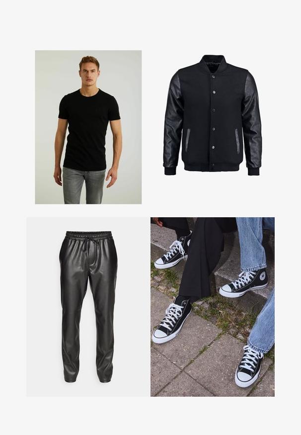 Czarna kurtka bombowca z wełnianym korpusem i skórzanymi rękawami. Posiada stójkę, zapięcie na napy z przodu i boczne kieszenie. Jednolity kolor, bez wzorów.; Czarna koszulka z krótkim rękawem wykonana z bawełny, z okrągłym dekoltem i małym, wytłoczonym kwadratowym logo na lewej piersi. Noszona z jasnoszarymi dżinsami.; Czarne skórzane spodnie dresowe z elastycznym pasem i regulowanym sznurkiem. Gładka faktura, tapered fit oraz ściągacze u kostek.; Czarne wysokie trampki z kanwy z białymi gumowymi podeszwami i sznurówkami, z okrągłym logo z boku, w zestawie z dżinsami i czarnymi spodniami.