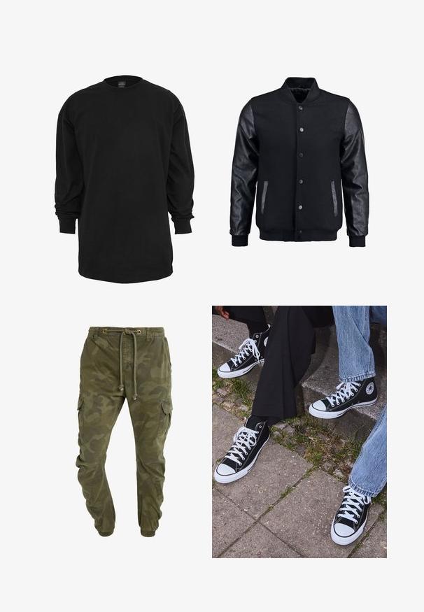 Sort bomberjakke med uldkrop og læderærmer. Har en stående krave, frontknapper og sidelommer. Ensfarvet uden mønstre.; Sort langærmet t-shirt lavet af bomuld. Har en rund halsudskæring og almindelig pasform. Glat tekstur uden synlige mønstre eller detaljer.; Camo-mønstrede grønne cargo-bukser med snøre i taljen, elastiske cuffs og sidelommer. Fremstillet af holdbart stof.; Sorte høje canvas sneakers med hvide gummisåler og snørebånd, prydet med et cirkulært logo på siden og parret med denim og sorte bukser.