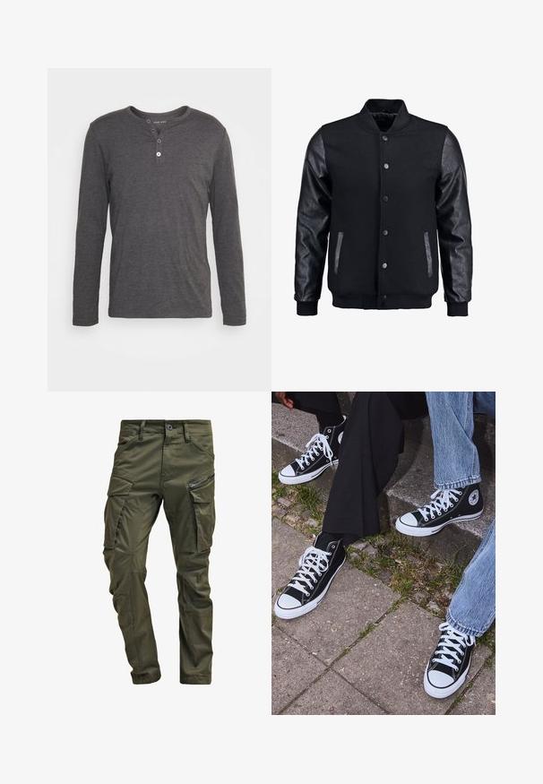 Zwarte bomberjack met een wollen lichaam en leren mouwen. Voorzien van een staande kraag, drukknopen aan de voorkant en zijkanten. Effen kleur zonder patronen.; Langarm, donkergrijze henley-shirt gemaakt van zachte stof, met een ronde halslijn, een knoopsluiting met drie knopen en een normale pasvorm.; Olijfgroene cargobroek gemaakt van stevig katoen. Beschikt over meerdere zakken, een met rits afgesloten zijzak en taps toelopende pijpen met een licht getextureerde afwerking.; Zwarte canvas sneakers met hoge schacht, witte rubberen zolen en veters, met een cirkelvormig logo aan de zijkant, gecombineerd met denim en zwarte broeken.