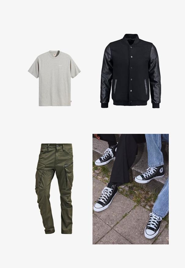 Črna bomberska jakna z volnenim telesom in usnjenimi rokavi. Ima stoječ ovratnik, sprednje snemljive gumbe in stranske žepke. Enobarvna, brez vzorcev.; Siva bombažna majica s krojem s krojenjem, kratkimi rokavi in majhnim belim logotipom "Levi's" na prsih. Preprost in ravno zasnovan dizajn.; Olivno zelene cargo hlače iz trdnega bombaža. Imajo več žepov, zip žep na strani in zožene noge z rahlo teksturirano površino.; Črne visoke platnene teniske z belimi gumijastimi podplati in vezalkami, z ovalnim logotipom na strani, v kombinaciji z džinsom in črnimi hlačami.