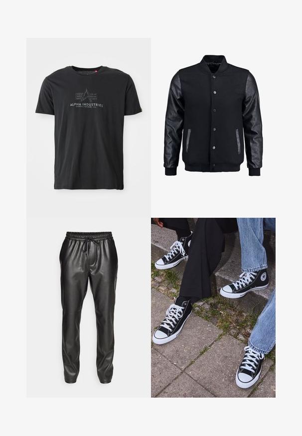 Crna bomber jakna s vunenim tijelom i kožnim rukavima. Ima stojeći ovratnik, prednje dugmadi na snap i bočne džepove. Jednobojna bez uzoraka.; Crna pamučna majica kratkih rukava s okruglim izrezom s teksturiranim tiskom loga na kojem piše "ALPHA INDUSTRIES" i trokutastim dizajnom u sredini.; Crne kožne hlače jogger kroja s elastičnim strukom i podesivim vezicom. Glatka tekstura, sužen kroj i manžetne na gležnjevima.; Crne visoke platnene tenisice s bijelim gumama i vezicama, sa kružnim logom sa strane, u kombinaciji s trapericama i crnim hlačama.