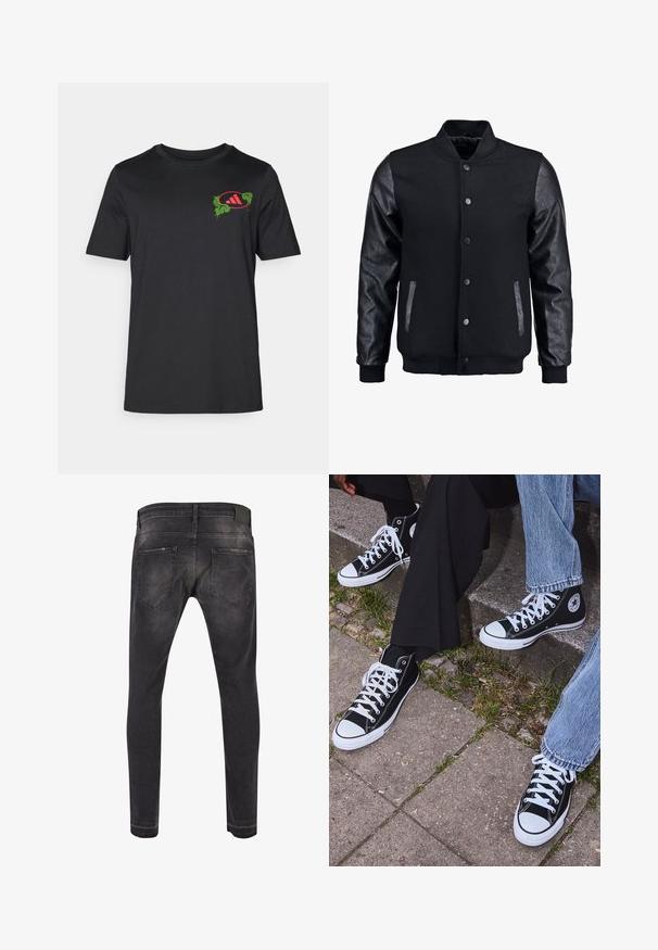 Sort bomberjakke med uldkrop og læderærmer. Har en stående krave, frontknapper og sidelommer. Ensfarvet uden mønstre.; Sort bomulds T-shirt med rund hals. Har et levende grønt og rødt grafisk design på venstre bryst, der inkorporerer palmeblade og logo.; Grå denim jeans har en slim fit, fem-lomme design med skråt placerede baglommer og en let falmet tekstur. Sort læderbæltemærke er synligt.; Sorte høje canvas sneakers med hvide gummisåler og snørebånd, prydet med et cirkulært logo på siden og parret med denim og sorte bukser.