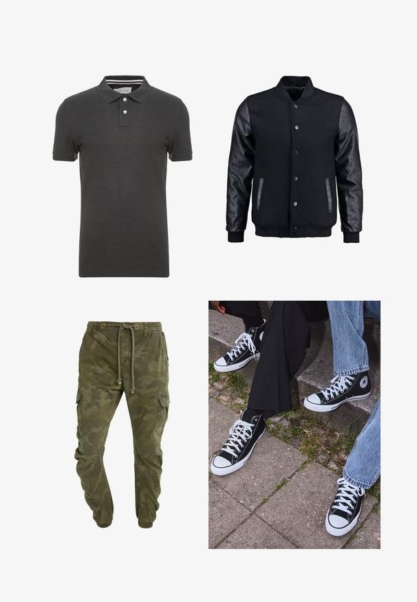 Mustmust on musta jope, millel on villane keha ja nahkvarrukad. Omab seisvat kraed, esisiidme nööpe ja küljetaskuid. Ühtlane värv, ilma mustriteta.; Tumehall polo särk lühikeste varrukatega, kaelusega ja kolme nööbiga eest. Kaeluses on peen triibuline detail.; Roheline kamokiri musteriga cargo püksid, millel on kummist vöökoht, elastsed kraed ja küljetaskud. Valmistatud vastupidavast kangast.; Mustad musta värvi kõrged kanvasist tossud valgete kummitaldade ja nööridega, külgedel ringikujuline logo ning kombineeritud denimist ja mustade pükstega.