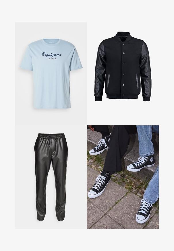Juodas bomberio tipo švarkas su vilnoniu korpusu ir odinėmis rankovėmis. Savybės: stovintis apykaklė, priekiniai spaudiniai mygtukai ir šoniniai kišenės. Vienodos spalvos, be raštų.; Šviesiai mėlyna medvilninė marškinėliai su trumpomis rankovėmis, su tamsiai mėlynu "Pepe Jeans" logotipu ir raudonu "LONDON" tekstu per krūtinę.; Juodos odinės sportinės kelnės su elastiniu juosmeniu ir reguliuojama raišteliu. Lygus paviršius, siaurėjantis fasonas ir sutrauktos kulkšnys.; Juoda aukšta avalynė iš kanvos su baltais guminiais padais ir raišteliais, su apvaliu logotipu šone, derinama su džinsais ir juodomis kelnėmis.