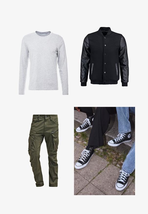 Giubbotto bomber nero con corpo in lana e maniche in pelle. Presenta un colletto alto, bottoni a pressione frontali e tasche laterali. Monocromatico, senza motivi.; Maglietta grigia a maniche lunghe in un tessuto morbido e leggero, con un classico collo tondo e un design semplice e privo di decorazioni.; Pantaloni cargo verde oliva realizzati in cotone robusto. Presentano numerose tasche, una tasca laterale con zip e gambe affusolate con una finitura leggermente strutturata.; Sneakers alti neri in tela con suole e lacci bianchi, dotati di un logo circolare di lato e abbinati a pantaloni in denim e neri.