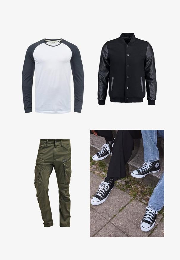 Zwarte bomberjack met een wollen lichaam en leren mouwen. Voorzien van een staande kraag, drukknopen aan de voorkant en zijkanten. Effen kleur zonder patronen.; Langsleeve T-shirt met een witte romp en donkergrijze raglanmouwen. Gemaakt van gladde stof met een ronde halslijn en subtiele stikseldetails.; Olijfgroene cargobroek gemaakt van stevig katoen. Beschikt over meerdere zakken, een met rits afgesloten zijzak en taps toelopende pijpen met een licht getextureerde afwerking.; Zwarte canvas sneakers met hoge schacht, witte rubberen zolen en veters, met een cirkelvormig logo aan de zijkant, gecombineerd met denim en zwarte broeken.