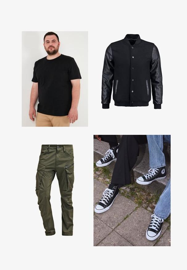Melns bomber jakas ar vilnas korpusu un ādas piedurknēm. Iespējas ar stāvošu apkakli, priekšējiem pogām un sānu kabatām. Vienkrāsains, bez rakstiem.; Melna īsām piedurknēm T-kreklā, kas izgatavots no kokvilnas; apaļa kakla izgriezums; gluda tekstūra; valkāts kopā ar gaiši brūnām biksēm.; Olīvu zaļi kravas bikses, izgatavotas no izturīgas kokvilnas. Iespēj multiple kabatas, ar rāvējslēdzēju sānu kabatu un sašaurinātiem kāju galiem ar nedaudz teksturētu apdari.; Melni augstie kanvas sporta apavi ar baltām gumijas zolemi un šņorēm, ar apļa logotipu sānos, kombinēti ar džinsu un melnām biksēm.