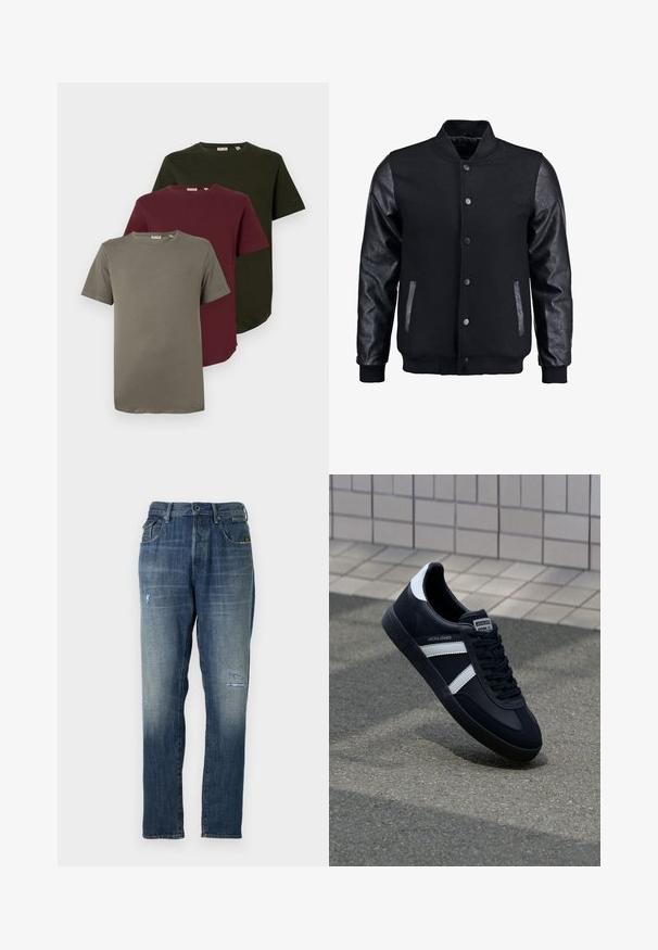 Jachetă bomber neagră cu corp din lână și mâneci din piele. Dispune de un guler în picioare, nasturi pe partea din față și buzunare laterale. Culoare solidă, fără modele.; Trei tricouri de bumbac, cu mânecă scurtă, în culorile verde măsliniu, burgundy și gri, cu guler rotund și croială lejeră.; Jeans din denim cu o culoare albastră decolorată, design cu picior dreapta, uzură moderată pe partea din față și un stil clasic cu cinci buzunare.; Sneaker din piele neagră cu dungi albe, talpă din cauciuc texturat și șireturi. Prezintă un eticheta de marcă pe limbă.