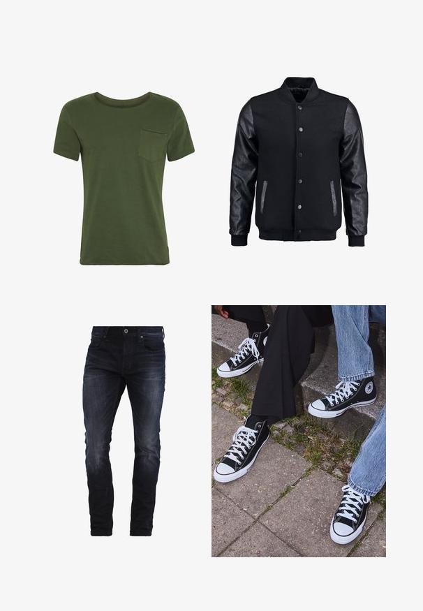 Chaqueta bomber negra con cuerpo de lana y mangas de cuero. Cuenta con un cuello alzado, botones de presión en el frente y bolsillos laterales. Color sólido sin patrones.; Camiseta de algodón verde con mangas cortas, cuello redondo y un bolsillo en el pecho. Presenta costuras mínimas y una textura suave y lisa.; Vaqueros ajustados de un azul oscuro con un ligero desgastado en los muslos y las rodillas, que cuentan con bolsillos frontales, pasadores para cinturón y cierre de botón.; Zapatillas de lona negras de caña alta con suelas y cordones de goma blanca, con un logo circular en el lado, combinadas con unos pantalones de mezclilla y negros.