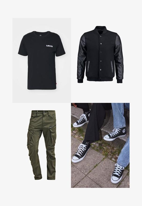 Černá bomber bunda s tělem z vlny a koženými rukávy. Má stojací límec, přední zacvakávací knoflíky a boční kapsy. Jednoduchá barva bez vzorů.; Levi's® CLASSIC GRAPHIC - Triko s potiskem - core caviar; Olivově zelené cargo kalhoty vyrobené z pevné bavlny. Obsahují několik kapsiček, boční kapsu na zip a zúžené nohavice s mírně texturovaným povrchem.; Černé kanvasové tenisky s vysokým střihem, bílé gumové podrážky a tkaničky, s kulatým logem na boku a spárované s džíny a černými kalhotami.