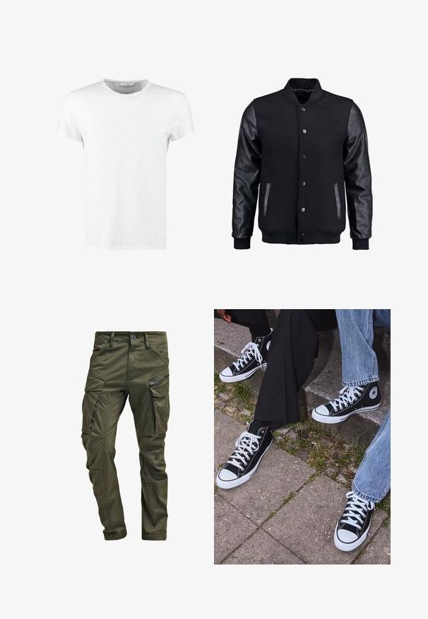 Schwarze Bomberjacke mit Wollkörper und Lederärmeln. Verfügt über einen Stehkragen, vordere Druckknöpfe und Seitentaschen. Einfarbig ohne Muster.; Weißes Baumwoll-T-Shirt mit Rundhalsausschnitt und kurzen Ärmeln, das eine feine Textur und ein minimalistisches Design aufweist. Keine Muster oder Akzente.; Olivgrüne Cargo-Hosen aus strapazierfähiger Baumwolle. Sie verfügen über mehrere Taschen, eine mit Reißverschluss versehene Seitentasche und ein tapered Bein mit einer leicht strukturierten Oberflächenbeschaffenheit.; Schwarzecanvas-Sneaker mit hohem Schaft, weißen Gummisohlen und Schnürsenkeln, die ein rundes Logo an der Seite besitzen und mit Denim- sowie schwarzen Hosen kombiniert sind.