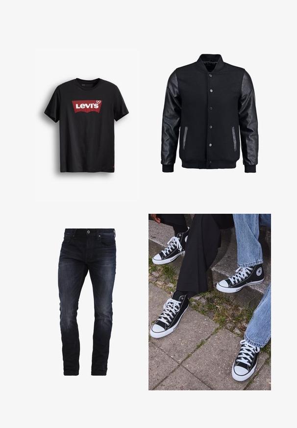 Sort bomberjakke med uldkrop og læderærmer. Har en stående krave, frontknapper og sidelommer. Ensfarvet uden mønstre.; Sort bomulds t-shirt med rund hals. Har et stort rødt Levi's logo på en hvid baggrund og et lille rødt mærke på den nederste side.; Mørkeblå slim-fit jeans med let slid på lårene og knæene, med forlommer, bæltestropper og knaplukning.; Sorte høje canvas sneakers med hvide gummisåler og snørebånd, prydet med et cirkulært logo på siden og parret med denim og sorte bukser.