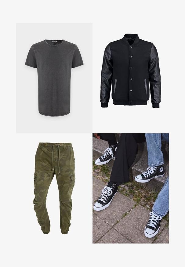 Sort bomberjakke med uldkrop og læderærmer. Har en stående krave, frontknapper og sidelommer. Ensfarvet uden mønstre.; Grå t-shirt med korte ærmer og rund hals, lavet af blødt stof, med en let buet kant og synlige sømdetaljer.; Camo-mønstrede grønne cargo-bukser med snøre i taljen, elastiske cuffs og sidelommer. Fremstillet af holdbart stof.; Sorte høje canvas sneakers med hvide gummisåler og snørebånd, prydet med et cirkulært logo på siden og parret med denim og sorte bukser.