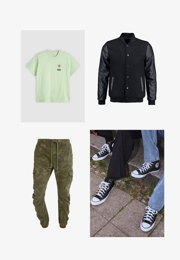 Black bomber jacket with wool body and leather sleeves. Features a standing collar, front snap buttons, and side pockets. Solid color with no patterns.; Light green cotton t-shirt, short sleeves, crew neck. Features a sun graphic in light orange and a green Levi's logo on the left chest.; Camo-patterned green cargo pants with a drawstring waist, elastic cuffs, and side pockets. Made from durable fabric.; Black high-top canvas sneakers with white rubber soles and laces, featuring a circular logo on the side and paired with denim and black pants.