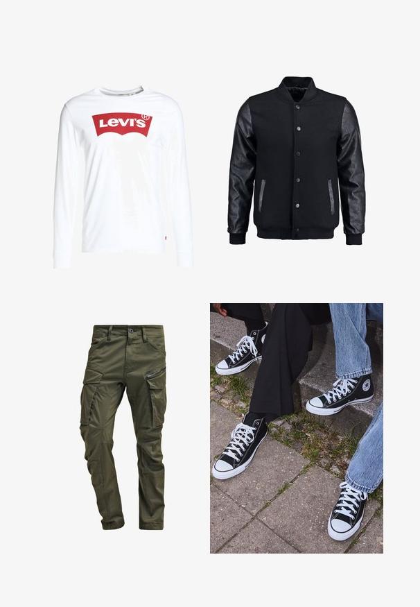 Schwarze Bomberjacke mit Wollkörper und Lederärmeln. Verfügt über einen Stehkragen, vordere Druckknöpfe und Seitentaschen. Einfarbig ohne Muster.; Weißes Langarm-T-Shirt aus Baumwolle mit einem großen roten Levi's-Logo auf der Vorderseite und einem kleinen roten Etikett auf der linken Seite.; Olivgrüne Cargo-Hosen aus strapazierfähiger Baumwolle. Sie verfügen über mehrere Taschen, eine mit Reißverschluss versehene Seitentasche und ein tapered Bein mit einer leicht strukturierten Oberflächenbeschaffenheit.; Schwarzecanvas-Sneaker mit hohem Schaft, weißen Gummisohlen und Schnürsenkeln, die ein rundes Logo an der Seite besitzen und mit Denim- sowie schwarzen Hosen kombiniert sind.