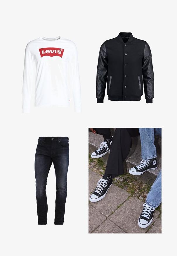 Black bomber jacket with wool body and leather sleeves. Features a standing collar, front snap buttons, and side pockets. Solid color with no patterns.; White long-sleeve t-shirt made of cotton, featuring a large red Levi's logo on the front and a small red tab on the left side.; Dark blue slim-fit jeans with slight fading on thighs and knees, featuring front pockets, belt loops, and a button closure.; Black high-top canvas sneakers with white rubber soles and laces, featuring a circular logo on the side and paired with denim and black pants.
