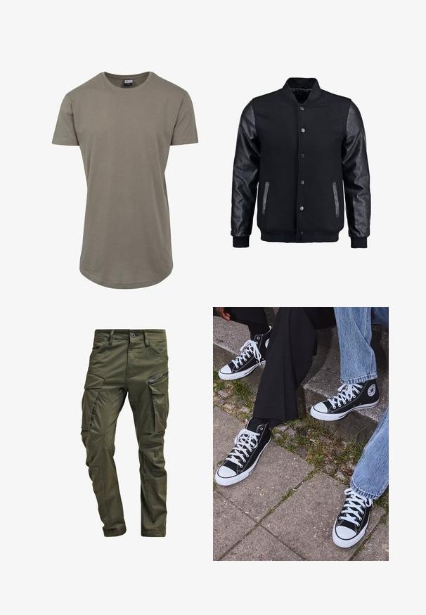 Sort bomberjakke med uldkrop og læderærmer. Har en stående krave, frontknapper og sidelommer. Ensfarvet uden mønstre.; Olivengrøn t-shirt lavet af blød bomuld, med rund halsudskæring og korte ærmer, samt en længere buet kant for en afslappet pasform.; Olivenfarvede cargo-bukser lavet af slidstærk bomuld. Har flere lommer, en lynlåslomme på siden og tapered ben med en let tekstureret overflade.; Sorte høje canvas sneakers med hvide gummisåler og snørebånd, prydet med et cirkulært logo på siden og parret med denim og sorte bukser.