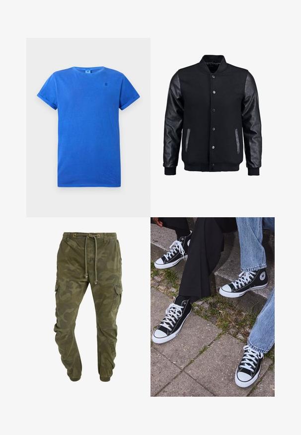 Mustmust on musta jope, millel on villane keha ja nahkvarrukad. Omab seisvat kraed, esisiidme nööpe ja küljetaskuid. Ühtlane värv, ilma mustriteta.; Sinine lühikeste varrukatega puuvillane T-särk, millel on ümmargune kaelus. Omab volditud varrukaotsi ja väikest tumedam sinist logo rinnal.; Roheline kamokiri musteriga cargo püksid, millel on kummist vöökoht, elastsed kraed ja küljetaskud. Valmistatud vastupidavast kangast.; Mustad musta värvi kõrged kanvasist tossud valgete kummitaldade ja nööridega, külgedel ringikujuline logo ning kombineeritud denimist ja mustade pükstega.