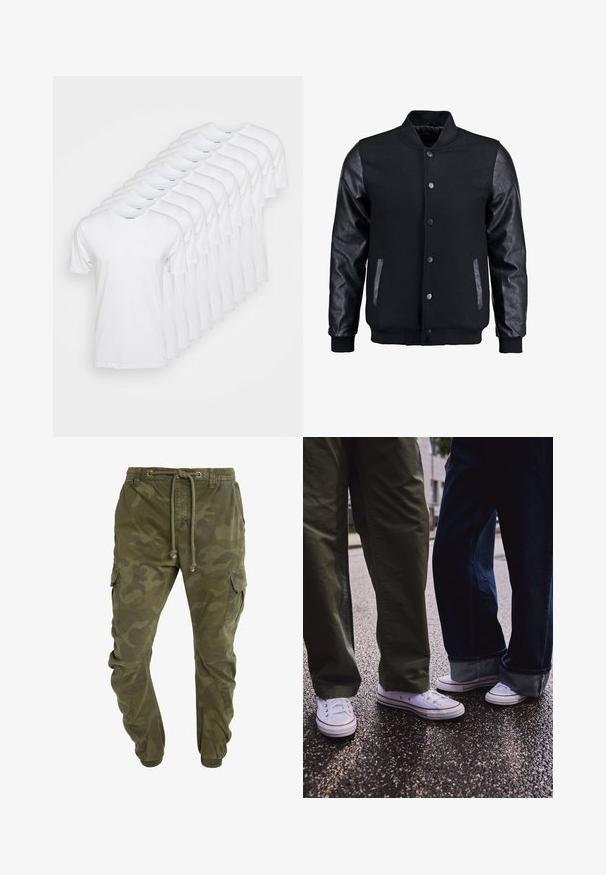 Čierna bomber bunda s vlneným telom a koženými rukávmi. Má stojačikový golier, predné patentky a bočné vrecká. Jednofarebná bez vzorov.; Biele tričká usporiadané v rade, s okružným výstrihom a krátkymi rukávmi. Vyrobené z bavlny, s hladkou, jednofarebnou textúrou.; Zelené cargo nohavice s camo vzorom, so sťahovacím pásom, elastickými manžetami a bočnými vreckami. Vyrobené z odolnej tkaniny.; Biele nízke tenisky s červenými akcentmi, nosené s olivovozelenými a tmavomodrými nohavicami. Hladký povrch, viditeľné očká a gumové podrážky.