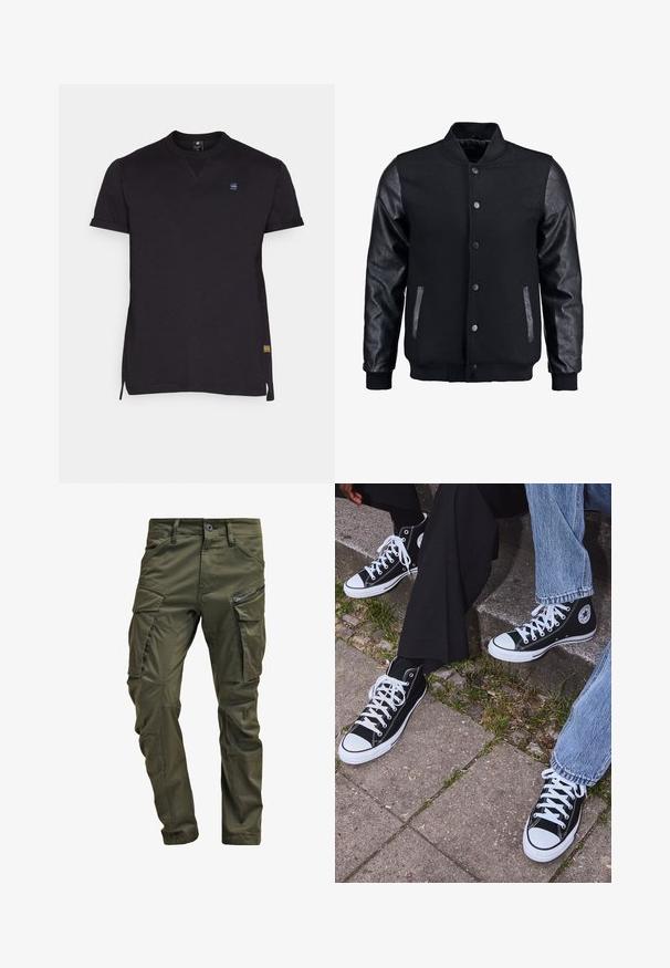 Sort bomberjakke med uldkrop og læderærmer. Har en stående krave, frontknapper og sidelommer. Ensfarvet uden mønstre.; Sort T-shirt med korte ærmer, rund halsudskæring, sideslids og lille logo på brystet. Lavet af glat stof med et enkelt design.; Olivenfarvede cargo-bukser lavet af slidstærk bomuld. Har flere lommer, en lynlåslomme på siden og tapered ben med en let tekstureret overflade.; Sorte høje canvas sneakers med hvide gummisåler og snørebånd, prydet med et cirkulært logo på siden og parret med denim og sorte bukser.