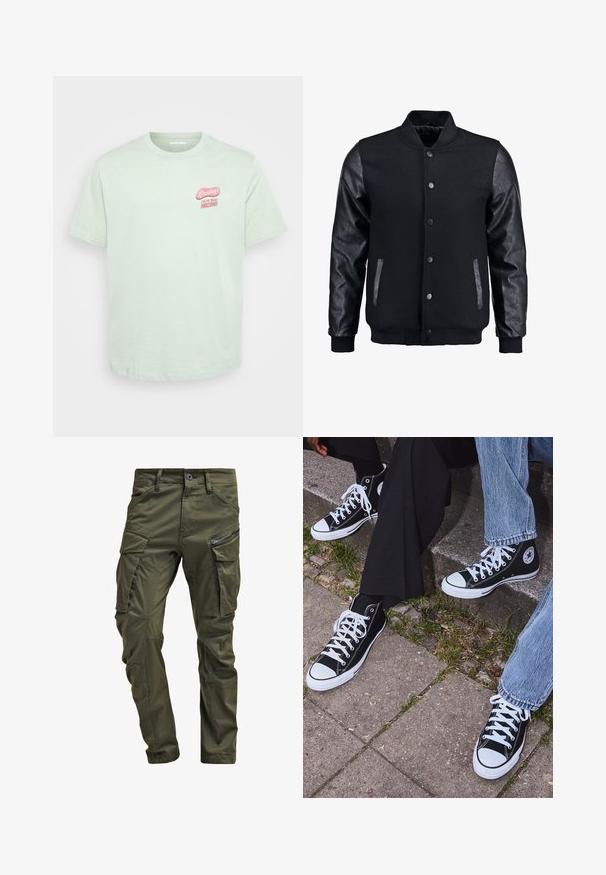 Schwarze Bomberjacke mit Wollkörper und Lederärmeln. Verfügt über einen Stehkragen, vordere Druckknöpfe und Seitentaschen. Einfarbig ohne Muster.; Hellgrünes Baumwoll-T-Shirt mit kurzen Ärmeln, Rundhalsausschnitt und einem rosa "Grüße aus Arizona"-Grafik auf der linken Brustseite.; Olivgrüne Cargo-Hosen aus strapazierfähiger Baumwolle. Sie verfügen über mehrere Taschen, eine mit Reißverschluss versehene Seitentasche und ein tapered Bein mit einer leicht strukturierten Oberflächenbeschaffenheit.; Schwarzecanvas-Sneaker mit hohem Schaft, weißen Gummisohlen und Schnürsenkeln, die ein rundes Logo an der Seite besitzen und mit Denim- sowie schwarzen Hosen kombiniert sind.
