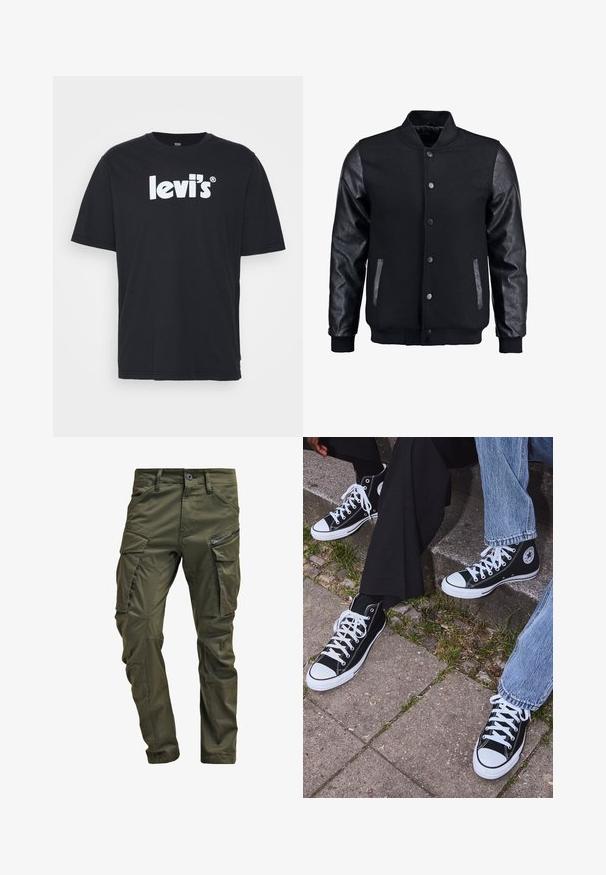 Černá bomber bunda s tělem z vlny a koženými rukávy. Má stojací límec, přední zacvakávací knoflíky a boční kapsy. Jednoduchá barva bez vzorů.; Levi's® RELAXED FIT - Triko s potiskem - caviar; Olivově zelené cargo kalhoty vyrobené z pevné bavlny. Obsahují několik kapsiček, boční kapsu na zip a zúžené nohavice s mírně texturovaným povrchem.; Černé kanvasové tenisky s vysokým střihem, bílé gumové podrážky a tkaničky, s kulatým logem na boku a spárované s džíny a černými kalhotami.