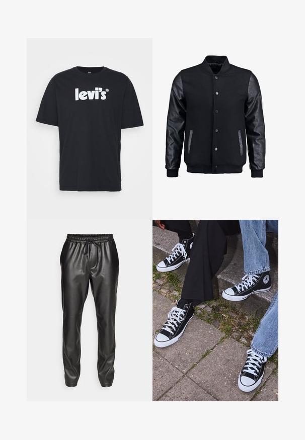 Sort bomberjakke med uldkrop og læderærmer. Har en stående krave, frontknapper og sidelommer. Ensfarvet uden mønstre.; Levi's® RELAXED FIT - T-shirts print - caviar; Sorte læder joggingbukser med elastisk talje og justerbar snor. Glat tekstur, tapered pasform og manchetter ved anklerne.; Sorte høje canvas sneakers med hvide gummisåler og snørebånd, prydet med et cirkulært logo på siden og parret med denim og sorte bukser.