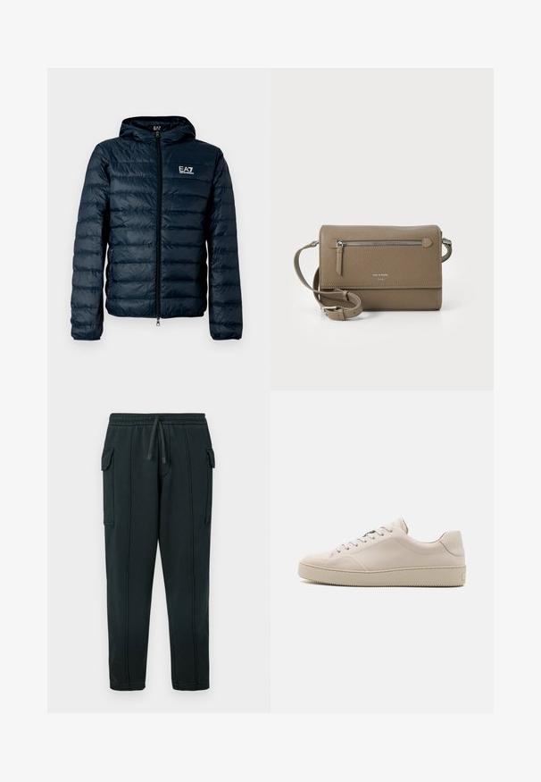 Teget plava prošivena jakna s kapuljačom, prednjim patentnim zatvaračem i EA7 logotipom na prsima. Ima glatku, sjajnu teksturu i elastične rukave.; Zelena pamučna majica s okruglim izrezom i kratkim rukavima, s malim crnim logotipom na lijevoj strani prsa. Glatke teksture, ležerni kroj.; Crne trenirka hlače s vezicom u struku, bočnim džepovima, detaljem džepa na bočnoj strani i vidljivim šavovima. Mekani materijal s opuštenim krojem.; Bež kožne tenisice s glatkom završnom obradom, ovalnim vrhom, ravnim potplatom i klasičnim dizajnom s vezanjem. Suptilni detalji šivanja i teksturirani potplat.; Taupe kožna crossbody torba s prednjim džepom na zatvarač, podesivim remenom, reljefnom teksturom i urezanim logotipom sprijeda.