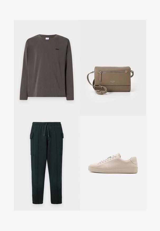 Navy blue quilted puffer jacket with a hood, front zipper, and EA7 logo on the chest. Features a smooth, shiny texture and elastic cuffs.; Long-sleeve shirt in dark gray cotton, featuring a round neckline and a small black logo on the left chest. Smooth texture, casual design.; Black sweatpants with a drawstring waist, side pockets, cargo pocket detail, and visible stitching. Soft fabric with a relaxed fit.; Beige leather sneakers with a smooth finish, rounded toe, flat sole, and classic lace-up design. Subtle stitching accents and textured outsole.; Taupe leather crossbody bag with a zippered front pocket, adjustable strap, pebble texture, and embossed logo on the front.