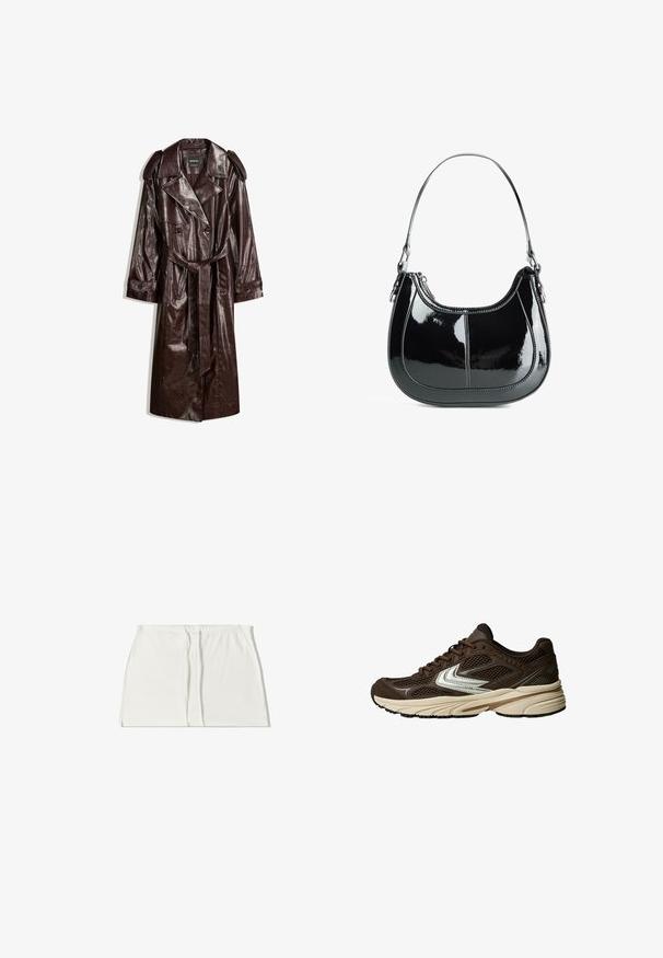 Cappotto trench in finta pelle marrone con design doppiopetto, spalline, vita con cintura e finitura testurizzata.; Camicia a righe marrone e bianca, con maniche lunghe, colletto a punta e orlo curvo. Tessuto texturizzato con righe verticali.; Top senza maniche nero con scollo a barca, realizzato in tessuto morbido. Presenta una forma aderente e bordi puliti. Nessun motivo o accentuazione aggiuntiva.; Gonna bianca con vita elastica, caratterizzata da due pieghe frontali e spacco laterale. Tessuto liscio e silhouette dritta. Nessun hardware o motivo visibile.; Scarpa atletica marrone con pannelli in rete, un design con accenti bianchi, una suola in gomma imbottita e una tomaia in tessuto testurizzato per la traspirabilità.; Borsa a mano in pelle verniciata nera, con design curvo, chiusura con zip e un solo manico a spalla caratterizzato da hardware e cuciture in tono argento.