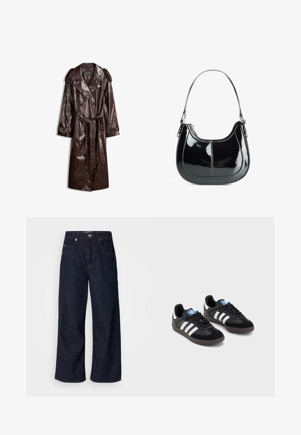 Hnědý trenčkot z umělé kůže s dvouřadým zapínáním, ramenními vycpávkami, páskem v oblasti pasu a strukturovaným povrchem.; Pruhovaná košile na knoflíky hnědé a bílé barvy, s dlouhými rukávy, špičatým límcem a zakřiveným lemem. Texturovaná látka s vertikálními pruhy.; Široké džínové kalhoty v tmavě modré barvě, s vysokým pasem, dvěma předními kapsami, zapínáním na knoflík a kontrastním šitím.; Černé tenisky s vrškem z semiše a syntetického materiálu, s třemi bílými pruhy, texturovanou gumovou podrážkou a modrou nášivkou loga na jazyku.; Černá lakovaná kožená kabelka s zakřiveným designem, zipovým uzavřením a jedním ramenním popruhem, který má stříbrné kování a akcenty prošívání.