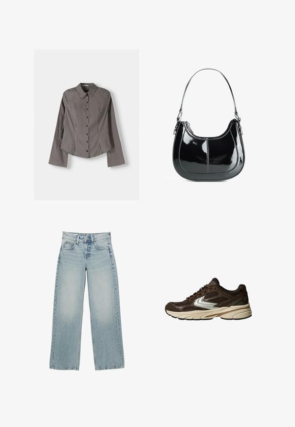 Ruskean keinonahkatrenssi, jossa on kaksirivinen malli, hartiahihnat, vyöllinen vyötärö ja teksturoitu pinta.; Raitapaita ruskeana ja valkoisena, jossa on pitkät hihat, terävä kaulus ja kaareva helma. Rakenteellinen kangas, jossa on pystyraidat.; Musta hihaton paita, jossa on pyöreä kaula-aukko, valmistettu pehmeästä kankaasta. Ominaisuudet: muotoon istuva malli ja siistit reunat. Ei ylimääräisiä kuvioita tai koristeita.; Vaaleansiniset leveälahkeiset farkut korkealla vyötäröllä, joissa on viisi taskua, napitus ja hienovarainen kuluminen käytetyn efektin saavuttamiseksi.; Ruskeat urheilukengät, joissa on verkkopaneelit, valkoinen korostuskuvio, pehmustettu kumipohja ja teksturoitu kangasote hengittävyyden lisäämiseksi.; Mustan kiiltävän nahkaista käsilaukkua, jossa on kaareva muotoilu, vetoketjusuljenta ja yksi olkahihna, jossa on hopean sävyistä metallia ja ompelucornalluksia.