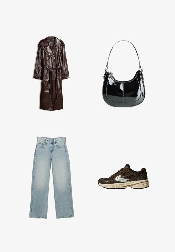 Smeđa umjetna kožna trench kaput s dvostrukim kopčanjem, ramenskim epauletima, strukom s kaišem i teksturiranom završnom obradom.; Crna majica bez rukava s okruglim izrezom, izrađena od mekanog materijala. Ima prilagođen oblik i čiste rubove. Bez dodatnih uzoraka ili ukrasa.; Prugasta košulja na dugih rukava u smeđoj i bijeloj boji, s oštrim kragnom i zakrivljenim rubom. Tekstuirana tkanina s vertikalnim prugama.; Svijetloplave široke traperice s visokim strukom, s pet džepova, kopčanjem na gumbi i suptilnim izbljeđenjem za izgled istrošenosti.; Smeđe atletske cipele s mrežastim panelima, bijelim akcentima, podstavljenom gumenom potplatom i teksturiranim gornjim dijelom od tkanine za prozračnost.; Crna patentna kožna torba s zakrivljenim dizajnom, zatvaranjem na zip, i jednim remenom za rame s srebrnim hardverom i ukrasnim šavovima.