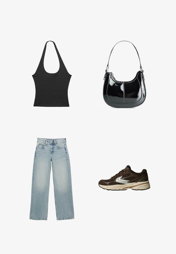 Brun faux læder trench coat med dobbeltradet design, skulderepauleter, talje med bælte og struktureret finish.; Sort ærmeløs top med rund hals, lavet af blødt stof. Har en tætsiddende form og rene kanter. Ingen yderligere mønstre eller detaljer.; Stribet skjorte i brun og hvid med lange ærmer, spids krave og buet kant. Struktureret stof med lodrette striber.; Lysblå denim bredbukser med høj talje, der har fem lommer, knaplukning og subtile falmninger for en slidt effekt.; Brun atletisk sko med mesh-paneler, et hvidt accentdesign, en polstret gummisål og en strikket overdelsmateriale for åndbarhed.; Sort patent læder håndtaske med en buet design, lynlåslukning og en enkelt skulderrem med sølvfarvet hardware og syninger som accents.