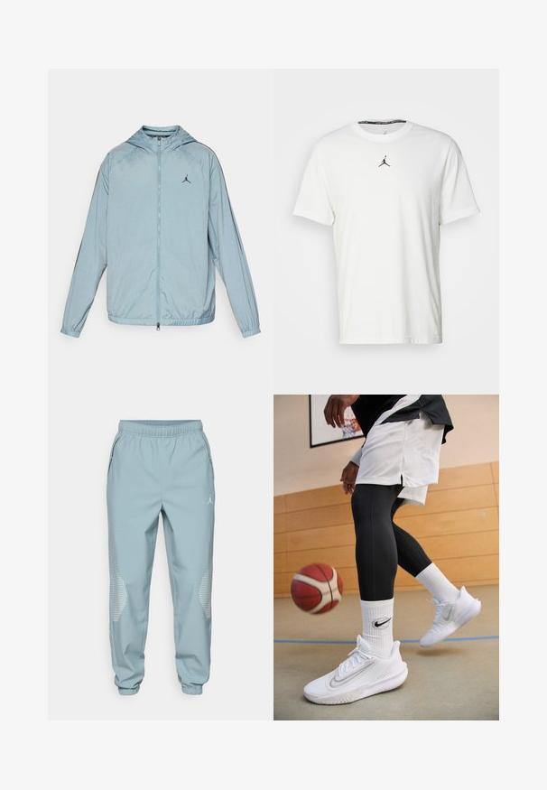 Light blue windbreaker jacket made of smooth, lightweight material. Features a hood, full-length zipper, and a black logo on the chest.; White short-sleeve T-shirt made of cotton, featuring a black Jumpman logo on the chest and a round neckline with a black interior tag.; Light blue athletic joggers with an elastic waistband, side pockets, and reflective dotted accents on the lower legs.; Nike Performance PRECISION 7 - Basketball shoes - white/light smoke grey/photon dust