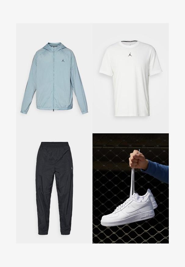 Vaaleansininen tuulipuku, joka on valmistettu sileästä ja kevyestä materiaalista. Siinä on huppu, koko pituinen vetoketju ja musta logo rintataskussa.; Valkoinen lyhythihainen T-paita, joka on valmistettu puuvillasta. Paidassa on musta Jumpman-logo rinnassa ja pyöreä kaula-aukko, jossa on musta sisätagi.; Housut mustat urheiluhousut kevyestä kankaasta. Varustettu joustavalla vyötärönauhalla ja pienellä logoyksityiskohdalla sivulla. Supistuva lahjerakenne.; Valkoiset nahkasneakersit, joissa on rei'ityksiä, pyöreä kärki, tasapohja ja paksut nauhat, joissa on näkyvä swoosh-logo ja "AIR" kantapäässä.